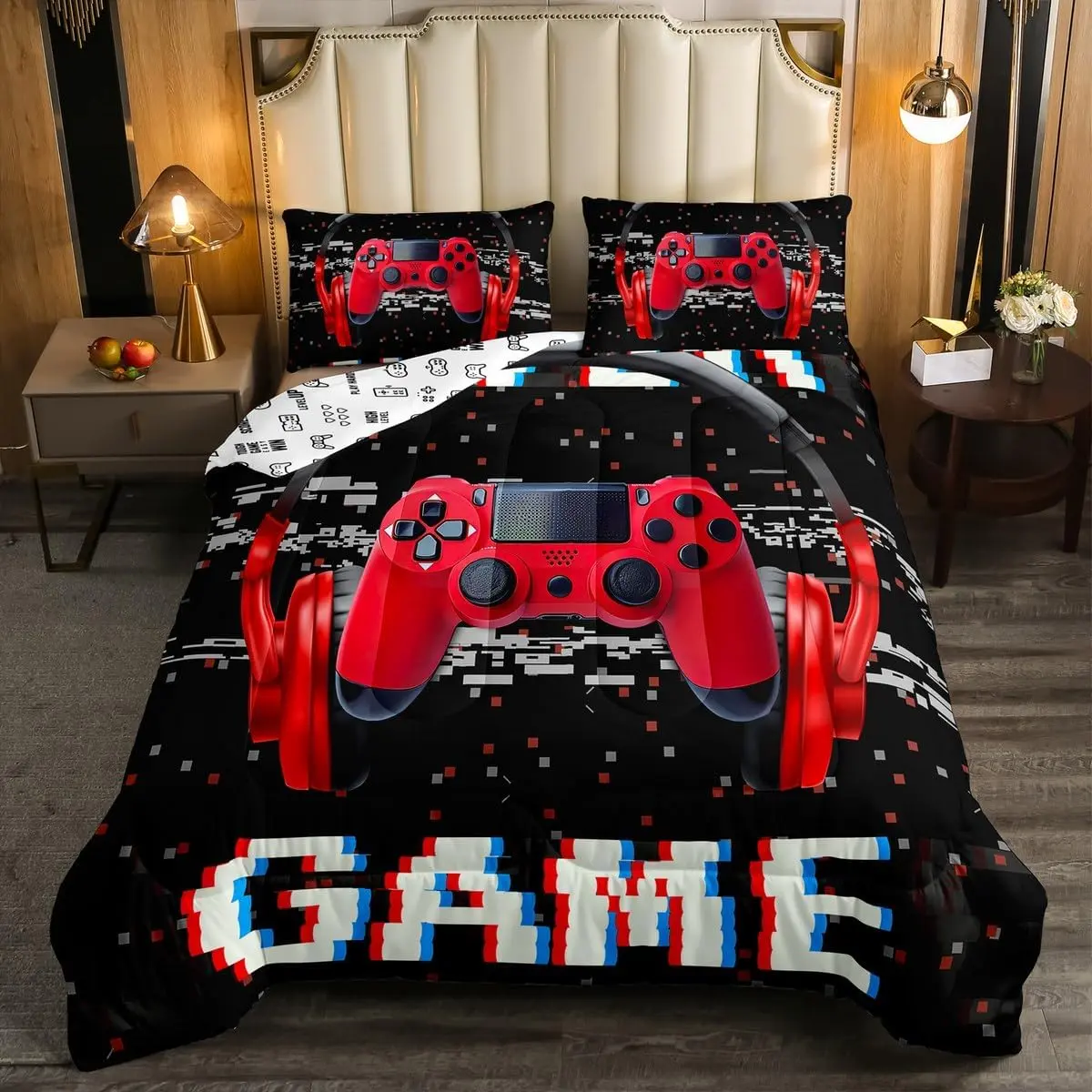 Feelyou Boys' King Size Red Black Microfiber Bedding Set - Cozy Aesthetic Music Game Controller Themed Gamer Comforter & Quilt Set, Soft Breathable, Low Roll Over, Machine Washable for Guest Room