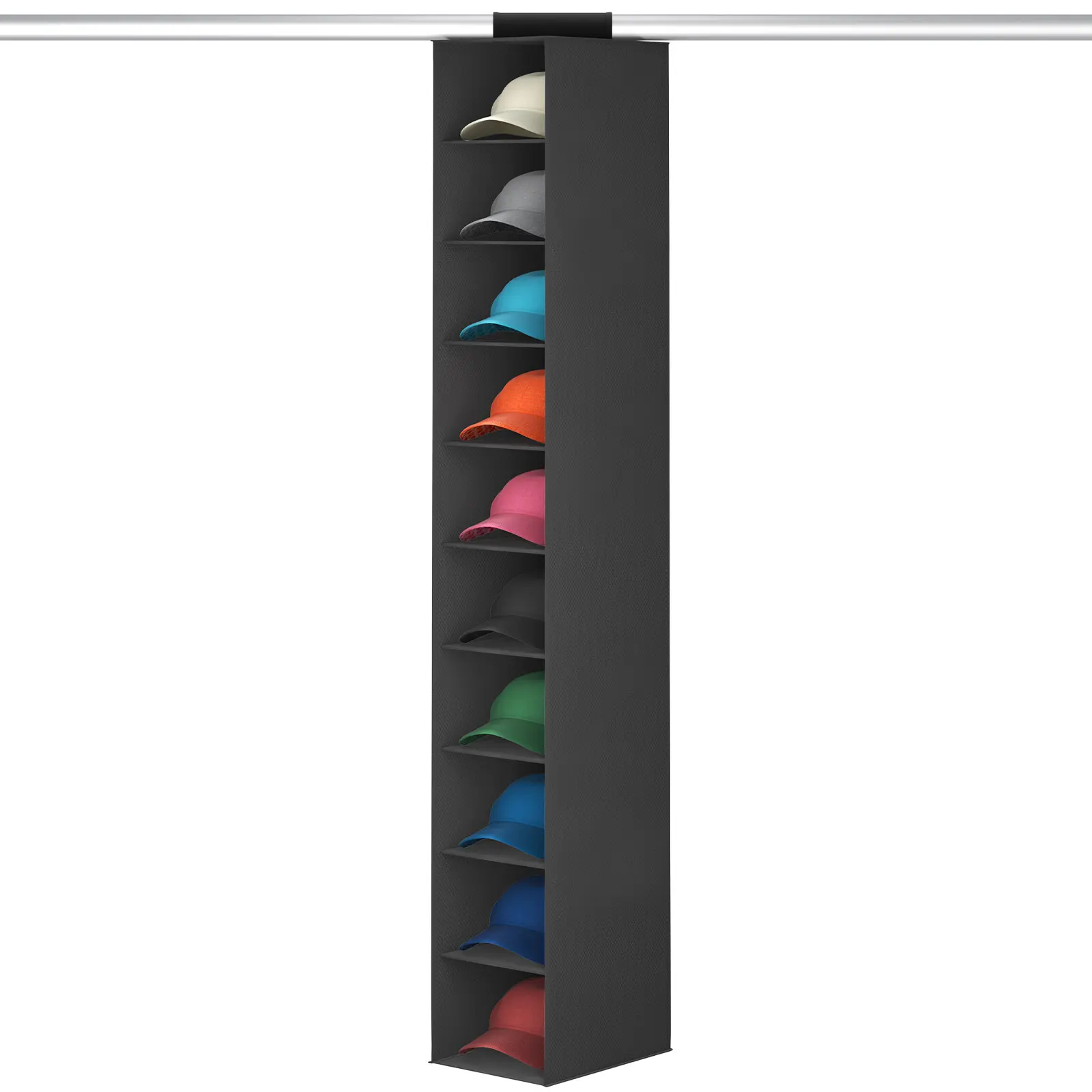 Lifewit Hangable Hat Storage Rack, Foldable Non-Woven Fabric Rod Hanger with 7 Rod-Hang Slots & 10 Compartments, Reinforced Stitching, Space-Saving Top Hook-and-Loop Grips, Rectangle Black Closet Organizer