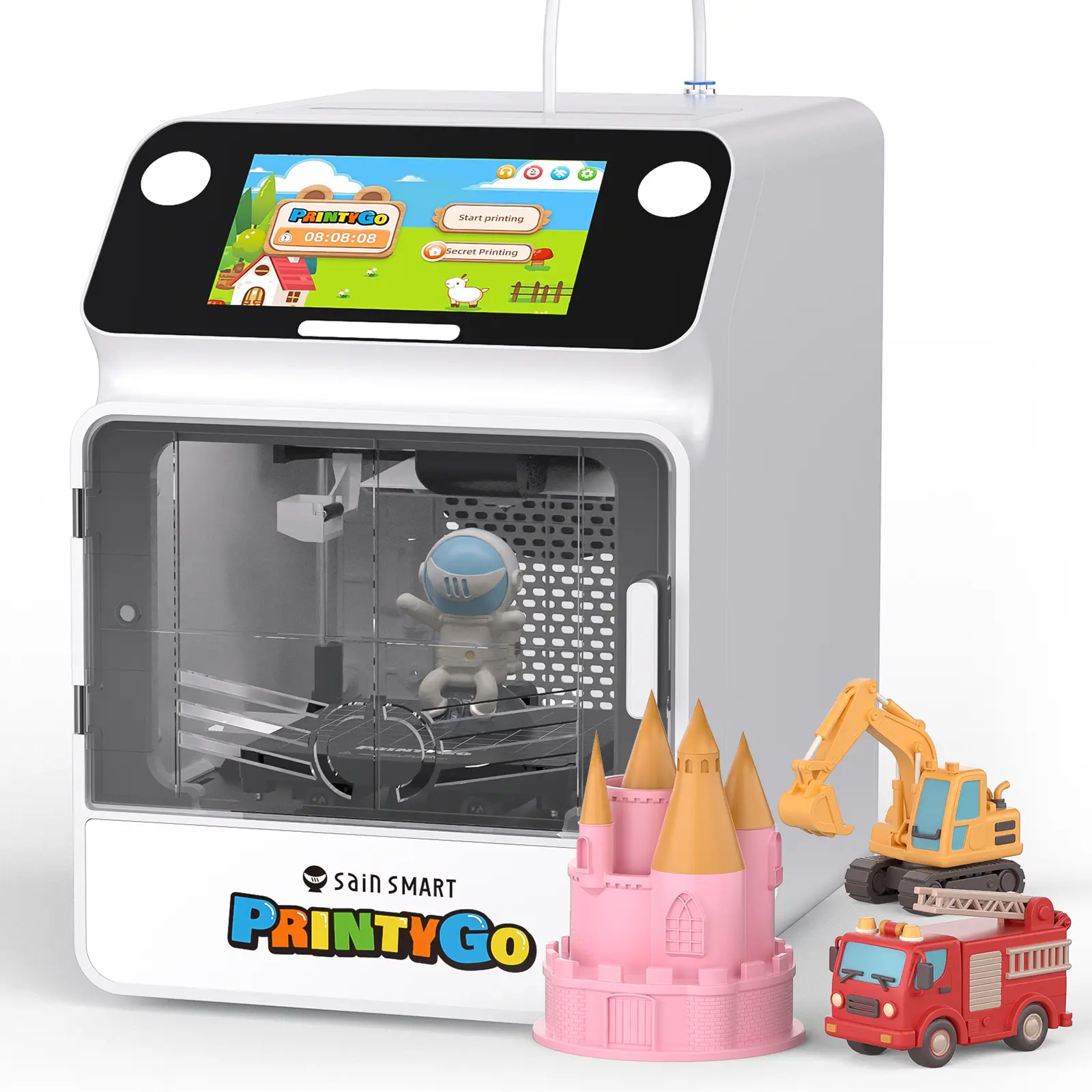 SainSmart PrintyGo 3D Printer for Kids, 600mm/s Auto Leveling Printer for Beginners with 5" Touch Screen, 1500+ Models, Child-Safe Design, Wi-Fi/App Control, Pre-Assembled for STEM Learning Gift