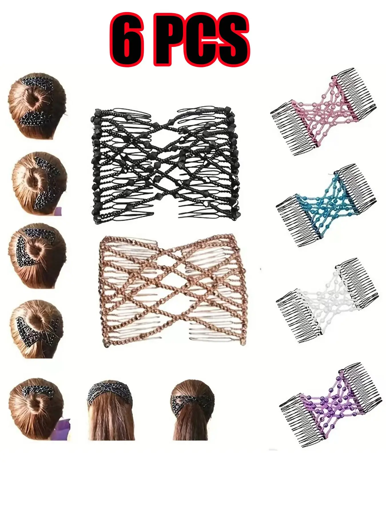 6-Piece 6-Color Elastic Beaded Hair Comb Set, Boho Style Fun Hair Clips, Vintage Traceless Tropical Hair Accessories, Ideal Gift for Women, Summer Hairstyling Tool