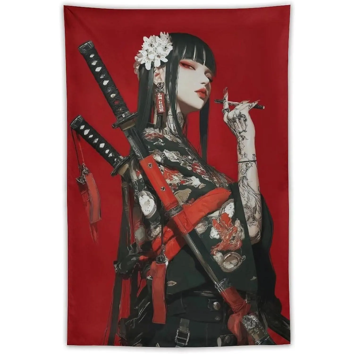 MFOOYYI Removable Tapestry Wall Decoration, Girl with Samurai Swords & Tattoo Large Wall Art Hanging, 40in×60in Girl Room Decor for Bedroom Home Supplies, 30*40In