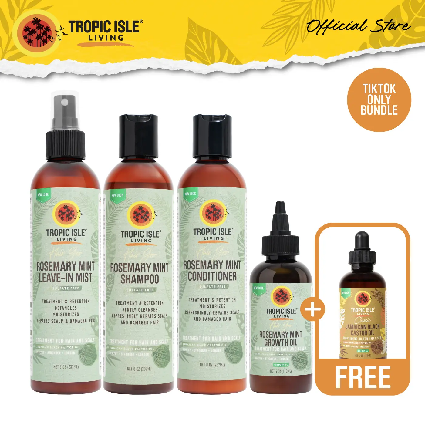 TROPIC ISLE LIVING Rosemary Mint Hair Growth System, Hydrating 4-Piece Kit for Stronger, Fuller Hair - Includes Free 4oz Jamaican Black Castor Oil, Free 4Oz Jbco