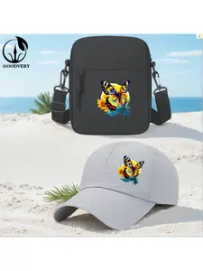 2pcs Colorful Butterfly on Sunflower Print, Unisex Baseball Cap & Crossbody Bag, Men's and Women's Fashion Street Suit, Unisex Sportswear, Unique Gift Ideas, adjustable Polyester, Casual Outdoor Sports Accessories