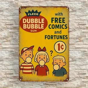 1PC Vintage Double Bubble Gum Logo Aluminum Sign Retro 8x12 Inch Bubble Gum Comic Fortune Telling Wall Art with Pre Drilled Holes Outdoor Decoration for Man Cave Game Room Bar Nostalgic Room Decor