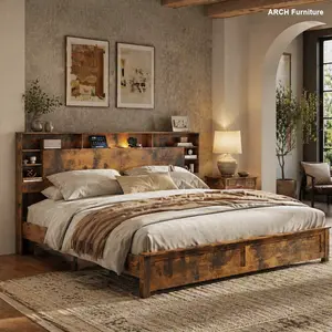 Dark Brown King Size Solid Wood Platform Bed Frame with Antique Look, Natural Grain, Metal Legs, Storage Headboard with USB Ports, LED Lights, Bookcase, No Box Spring Needed