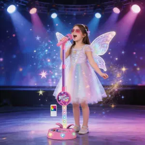 New kids microphone toy with colorful gradient lights, Height adjustable built-in karaoke sound effects. It adopts Type-C charging port and can connect to mobile phones and other devices to play songs, letting kids fall in love with singing.