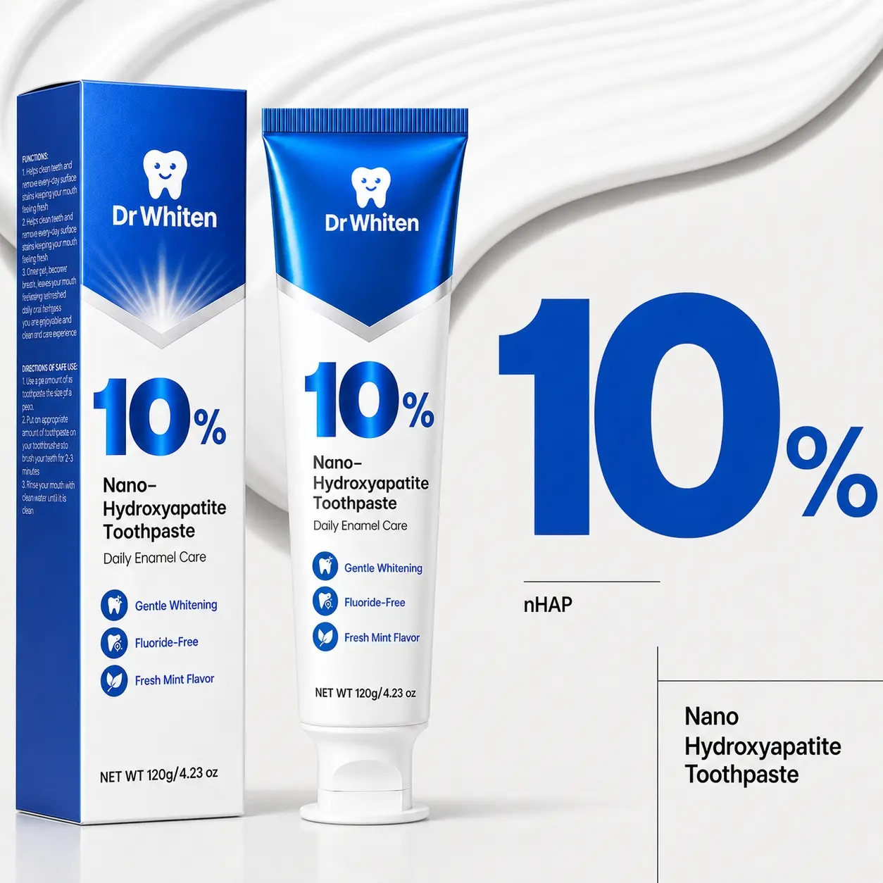 DrWhiten 10% Nano-Hydroxyapatite Toothpaste | Dentist-Recommended Fluoride-Free Enamel Care Formula | Gentle Whitening for Sensitive Teeth | Fresh Mint Flavor & Fresh Breath | 4.23 oz