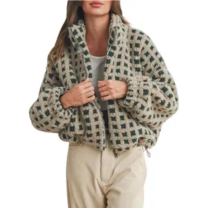 Buenoble Women's Long Sleeve Cropped Sherpa Fleece Plaid Jacket Casual Teddy Fleece Coat Outerwear