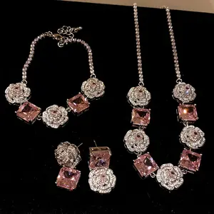 Blossoming Princess Pink Rose Cube Zircon Ring Earring Necklace Set Luxury Jewelry
