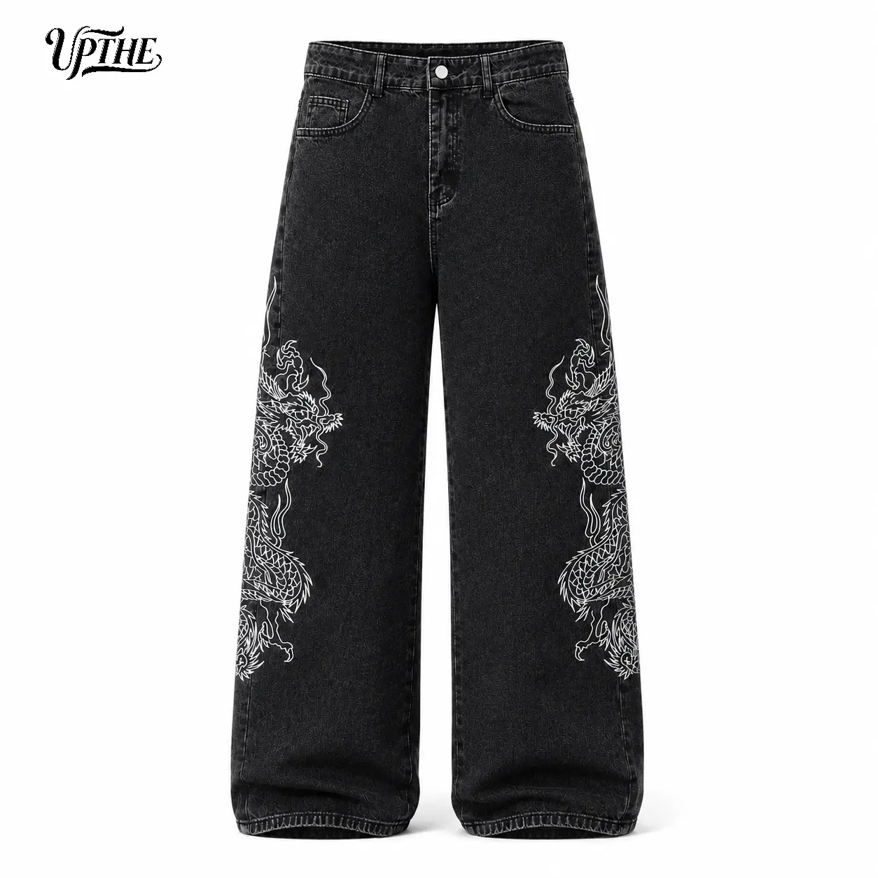 UP.THE Men’s Black Washed Ultra Baggy Wide Leg Jeans, Large White Oriental Dragon Outline Embroidery Denim Pants, Oversized Loose Y2K Gothic Skater Hip Hop Streetwear Trousers For Daily Casual Street Outfits