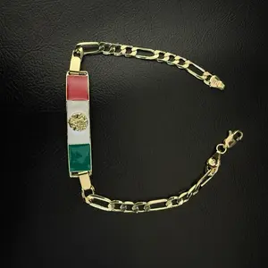 Gold Plated Mexican Flag Bracelet 8.5" with Red Green and White Enamel Design