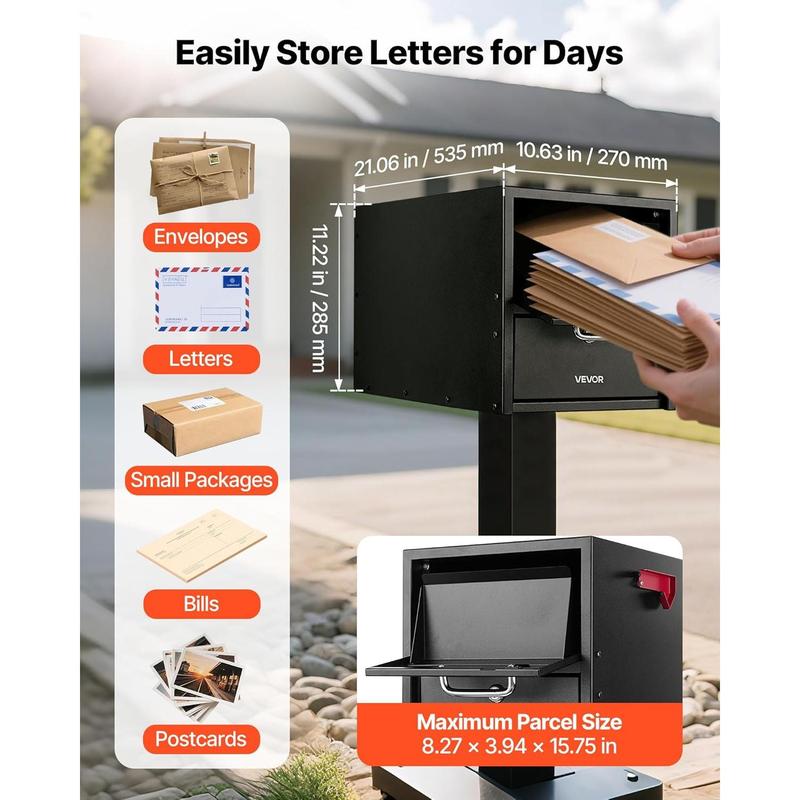 VEVOR Post Mount Mailbox, Anti-Pry & Anti-Theft Mailboxes for Outside, Heavy Duty Lockable Mail Box with Magnetic Door, Weather-Resistant Metal Post Box for House Outside 21.06 x 10.63 x 11.22 in