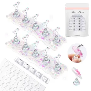 Nail Stand for Press Ons, White Shiny Acrylic Magnetic Base for Painting Display with Brush Holder and 100 Pcs Reusable Double-Sided Tape for Home DIY Salon Supplies