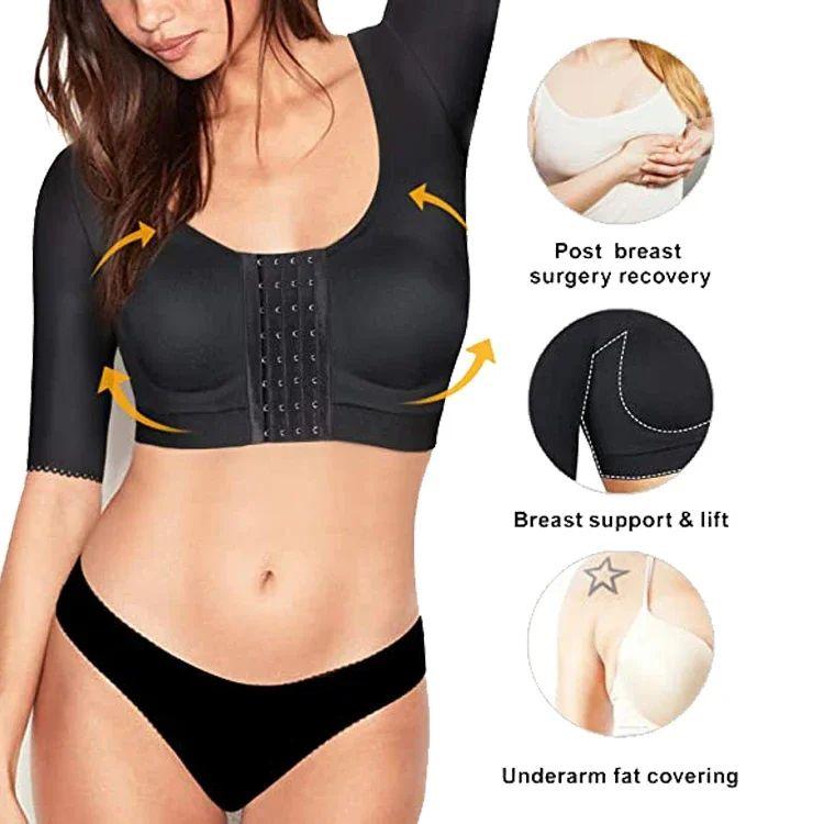 Arm Shaper for Women Post Surgery Arm Lipo Compression Sleeves Shaping Arm Front Closure Shapewear Bra Tops Arm Lift Plus Size S-5XL Round Neck Seamless Womenswear Clothes Basic Casual Black Crewneck Minimalist