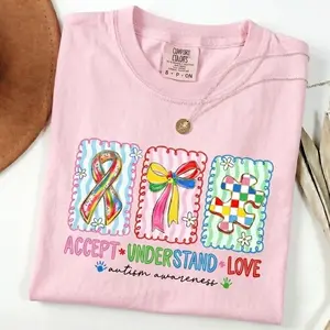 Comfort Colors Autism Accept, Understand, Love T-shirt, Autism Mama Graphic Tee, Autism Puzzle and Bow Design, Autism Awareness Shirt, Gift for Autism Mom