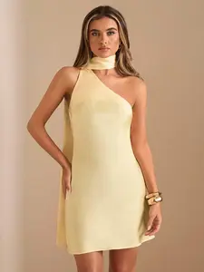 SHEIN BAE Autumn/Winter Solid Color Cream Yellow Asymmetrical Shoulder Backless Mini Elegant Satin Mini Dress Elegant Printed Mini DressSexy Backless Mini DressYellow Satin Mini Dress Backless Satin Elegant Dress Wedding Guest Attire Satin Bridesmaid Lon