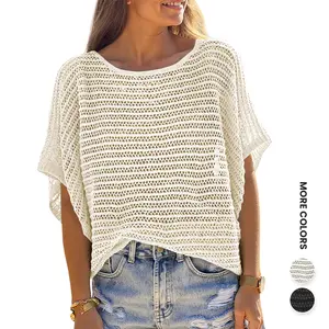 Aswulk Womens Crochet Tops Summer Batwing Short Sleeve Oversized Sweater Boat Neck Mesh Knit Beach Cover Up Top