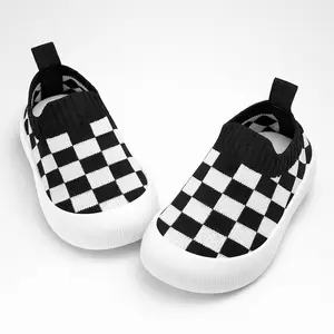 Baby First Walker Shoes, Check Pattern Knit Sock Shoes with Non-Slip Sole for Infants and Toddlers
