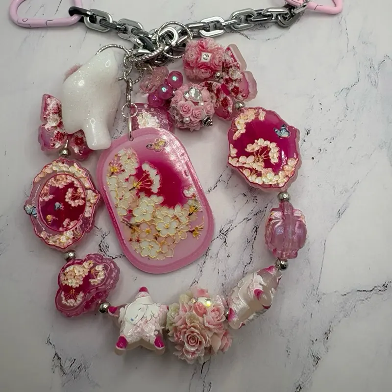 Pink & Cream Sakura Flower Keychain, Versatile Bag Charm for Daily Accessory Use