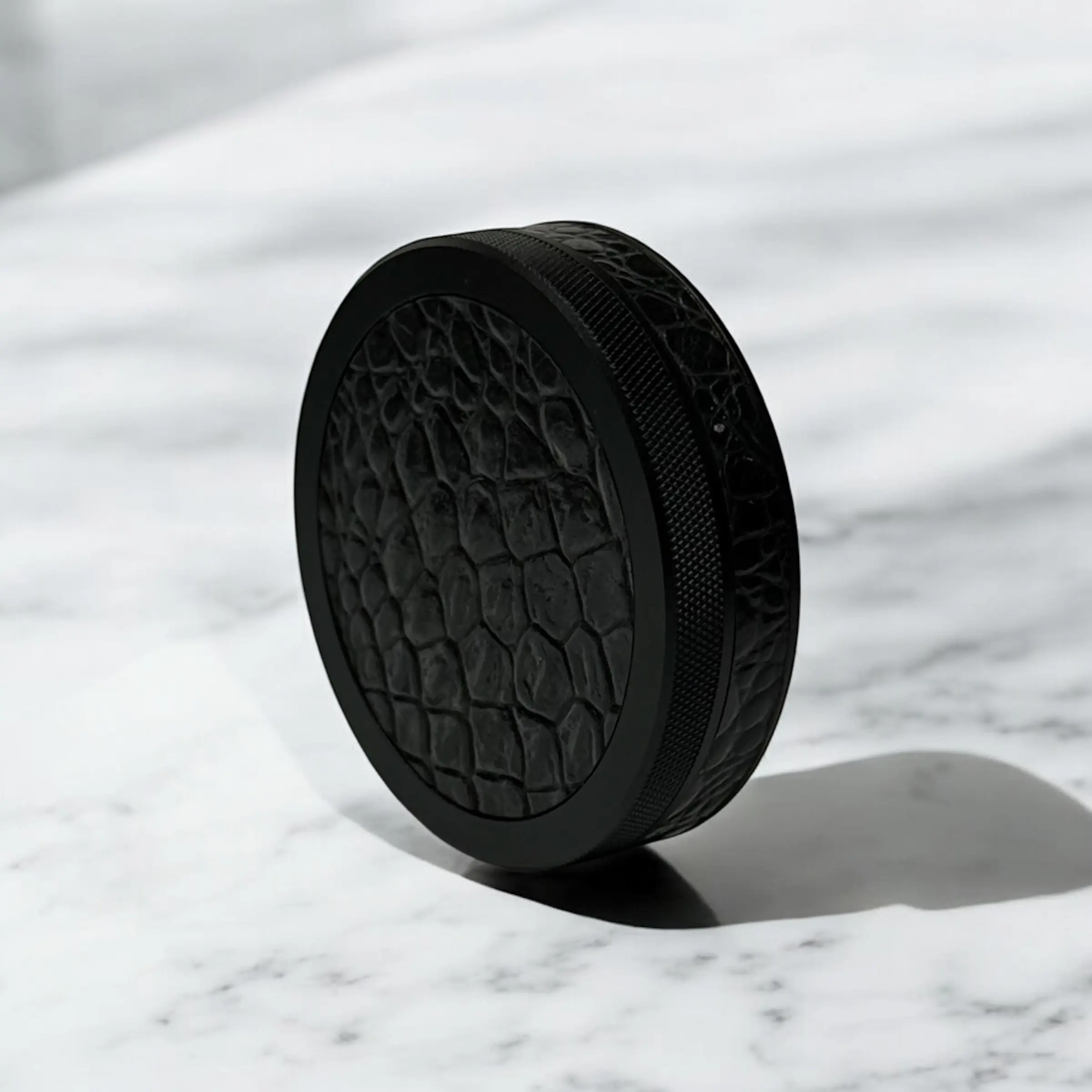 Black on Black Embossed Croc Ruk Can Slim | Premium EDC Storage Solution | 100% Genuine Leather on Top and Band | Airtight Seal for Freshness | Anodized Aluminum Tin Can