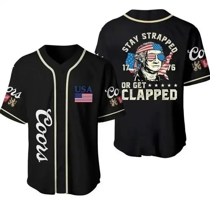 Stay Strapped Or Get Clapped 1776 George Washington Black Baseball Jersey, Patriotic USA Flag Beer Shirt