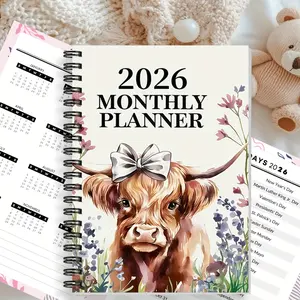 2026 Year Planner - Elegant Floral Cow & Highland Cow Design Spiral Notebook with Monthly/Week Layout, Maroon Color, Lined Paper, Perfect for Office, School, or Personal Use Diary, Diary Cover | Floral Cow Design | Durable Spiral Bind