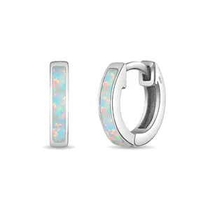 Opal Inlay Huggie Hoop Earrings 8mm - Sterling Silver Opal Inlay Huggie Hoop Earrings 8mm - Sterling Silver