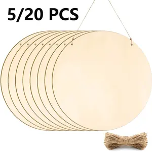 20/5pcs 12-Inch Raw Wooden Crafts, Blank Wooden Round Tag Drawing Board, Equipped with Hemp Rope for Crafts, Suitable for Painting, Wood Carving, Door Hanging, Home Decoration, Craft Gifts