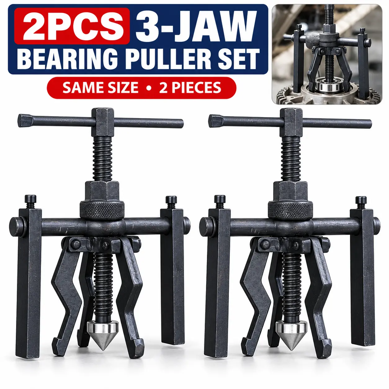 2Pcs 3-Jaw Internal External Bearing Puller Set, Heavy Duty Gear Puller, Adjustable Bushing Remover Tool Kit for Bearing, Gear, Pulley, Auto & Motorcycle Mechanical Repair