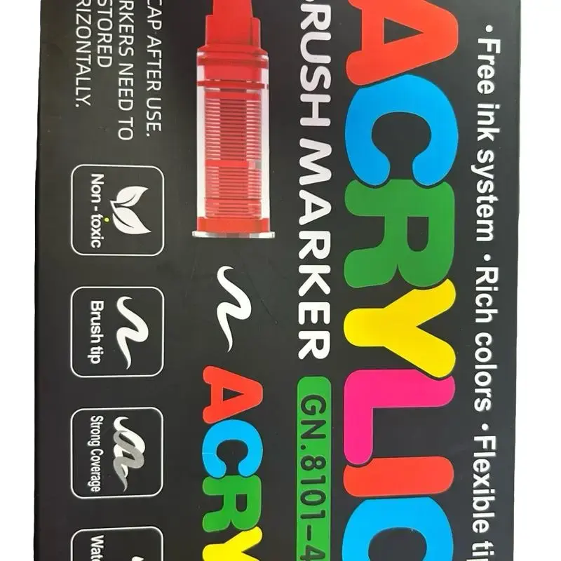 Brush Acryllic Markers - Free Ink System, Rich Colors, Flexible Tip, Non-Toxic, Strong Coverage, Brush Required