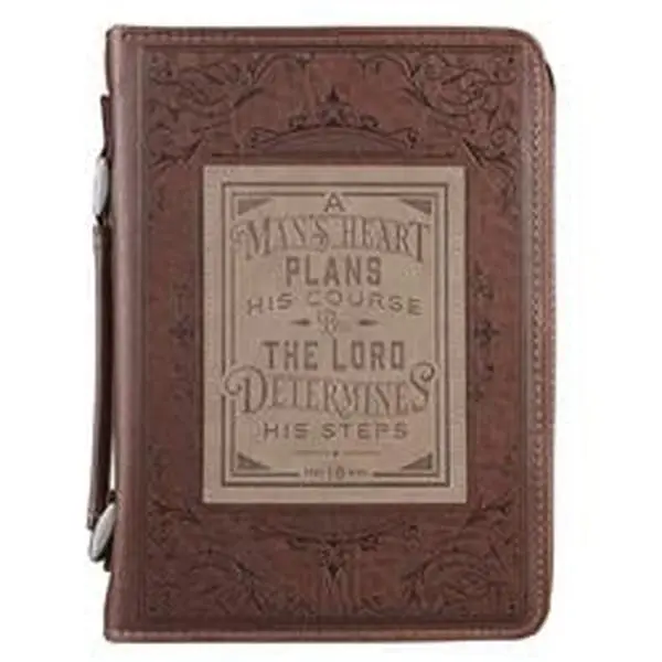 Christian Art Gifts 255490 Faux Leather Bible Cover - Proverbs 16-9 Engraved Title "A Man's Heart" Design, Brown, Extra Large, Heat Debossing, Cross Engraved Zipper Pull, Exterior Slip Pocket, Interior Pen Loop, Bible Protection, Classic