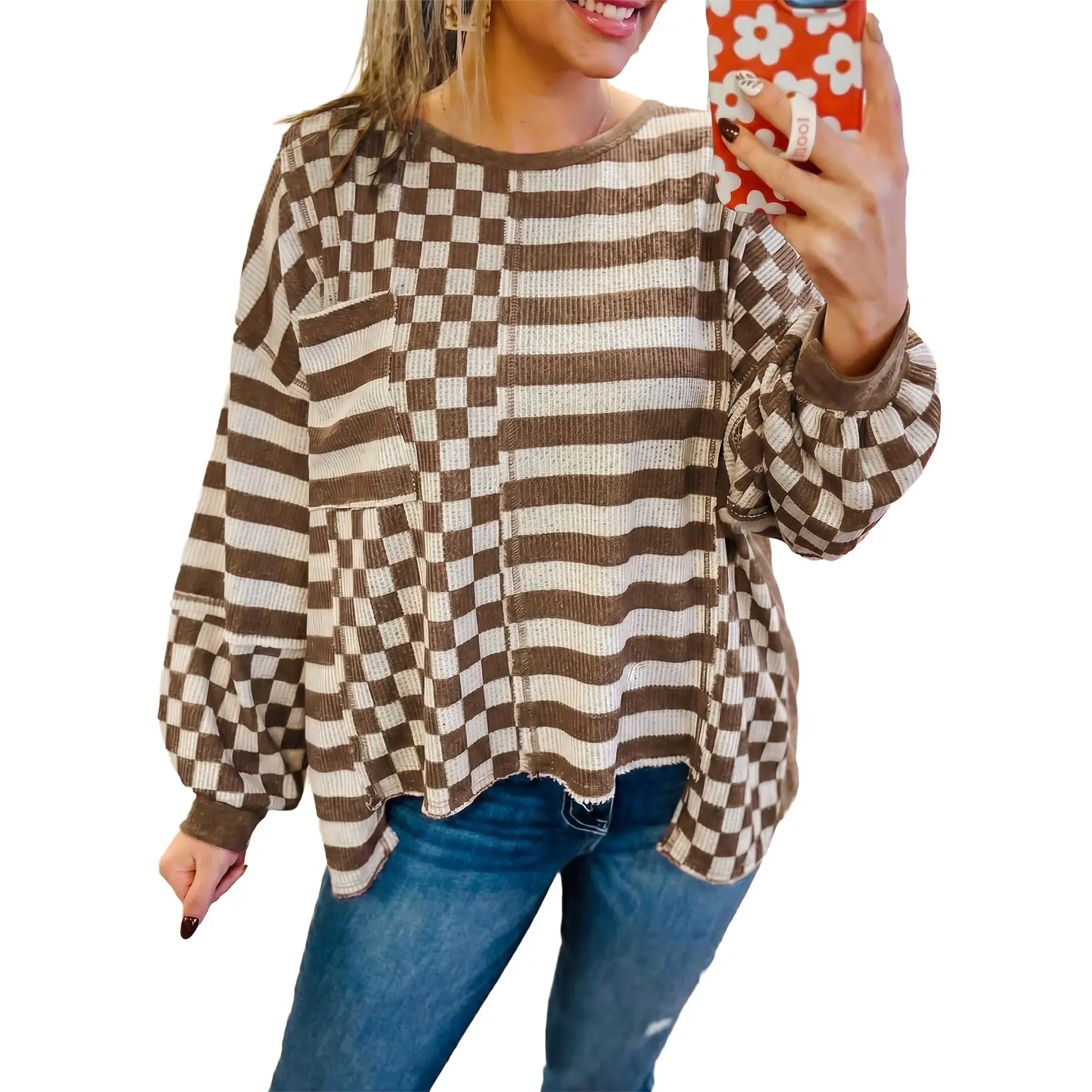 EVALESS Women's Mixed Checker-Striped Waffle Knit Pullover, Oversized Bubble-Sleeve Top with Raw Hem and Patch Pocket Knitwear Womenswear,clothes for back to school,first day of school outfits