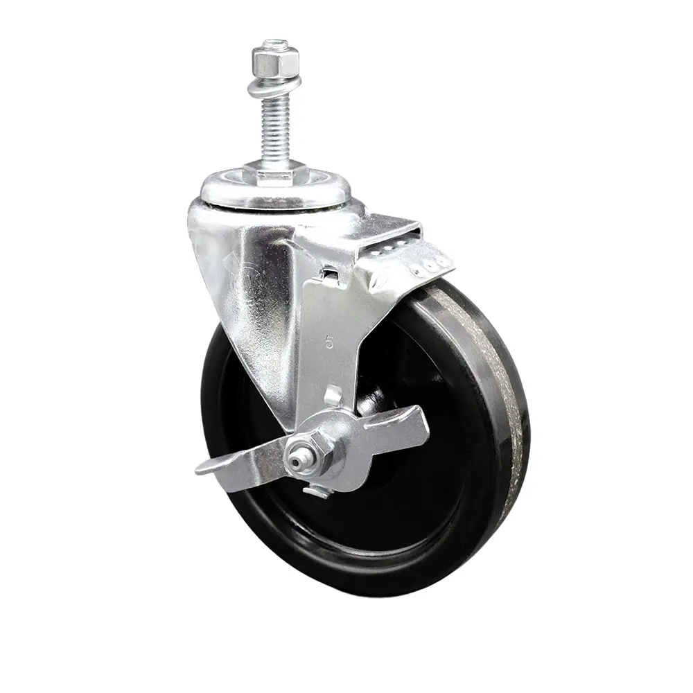 Service Caster SCC-TS20S514-PHS-TLB-381615 Phenolic Swivel Threaded Stem Caster with Top Locking Brake, 5x1.25 in Black Wheel, 0.38 in Stem, Ball Bearing Design, for Commercial Carts, Material Handling Equipment, Floor Protection (300 lbs Capacity), 5 X 1
