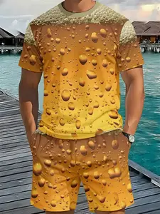 Men's 3D Digital Print Round Neck Short Sleeve Set, Ice-Cool Beer Foam Two-Piece, Outdoor Style, Unique Fun Design