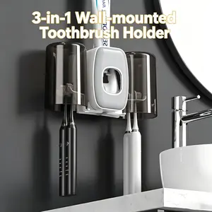 Three-In-One Wall-Mounted Toothbrush Holder Set, Saves Space, Holds Toothbrush, Mouthwash Cup, Toothpaste Dispenser, Dust-Proof, Home Essentials