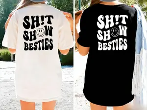 Shit Show Besties Matching T-Shirt | Funny Wavy Text Smiley Face Graphic Tee | BFF Friendship Trip Shirt | Best Friend Gift for Women | Retro Wavy Besties Top