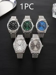 A men's business quartz watch, Modern fashionable wristwatch, Business fashion watches, featuring sparkling rhinestone hour markers, serrated bezel, dual date display. The stainless steel bracelet, perfect for daily commutes and special occasions
