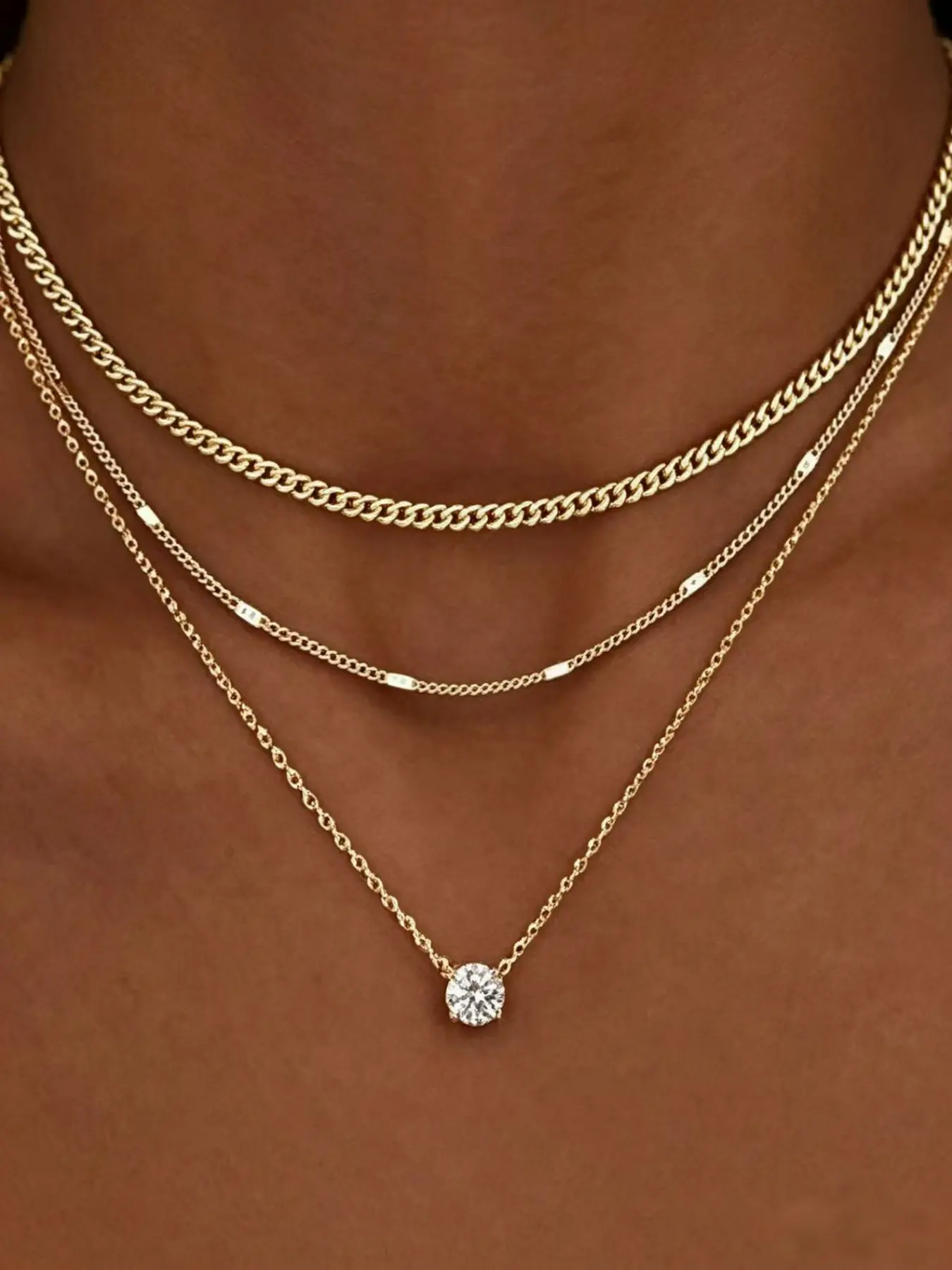 Dainty 14K Gold Plated Layered CZ Diamond Pendant Necklaces for Women, 3 Stackable Choker Chain, Cuban Link Chain Necklace, Trendy Minimalist Jewelry Gift