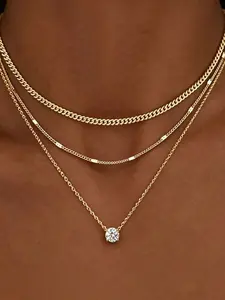 Dainty 14K Gold Plated Layered CZ Diamond Pendant Necklaces for Women, 3 Stackable Choker Chain, Cuban Chain Necklace, Trendy Minimalist Jewelry Gift