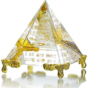 60MM Crystal Pyramid Prism Paperweight Positive Energy Ornament Glass Egyptian Pyramid with Egyptian Gold Character for Home Decoration/Gift/Collection Hand-Cranked Music Engraved Case Kids' Electronic Piggy Bank Lock wall decor cottage core backyard