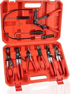 9PCS Hose Clamp Pliers Set Long Reach Tool for Water Hose Automotive Coolant Radiator Heater with Flexible Wire Flat Band Pliers Durable Steel Construction Ergonomic Handles Portable Storage Case
