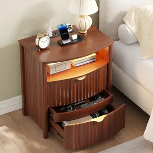 FREDEES Fluted Night Stand Set of 2 with Gun Drawer & Card-Lock, 19.7" W Curved Nightstand with Charging Station and LED Lights, 2 Drawers Smart Bedside Table for Bedroom