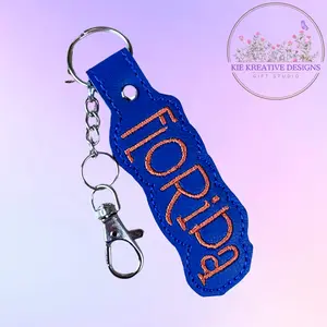Florida Embroidered Keychain | Blue and Orange Florida Gift | State Pride Key Fob | Handmade Keychain for Gator Fans & Locals