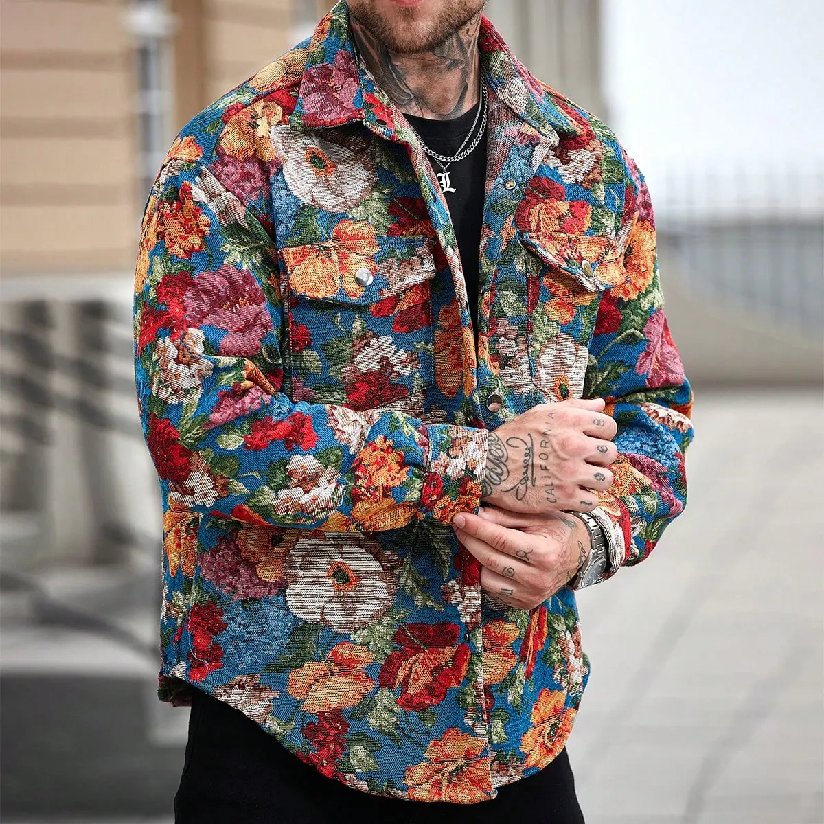 Vintage floral jacquard jacket, contrasting color trendy button-up street jacket Vintage floral jacquard jacket, contrasting color trendy button-up street jacket