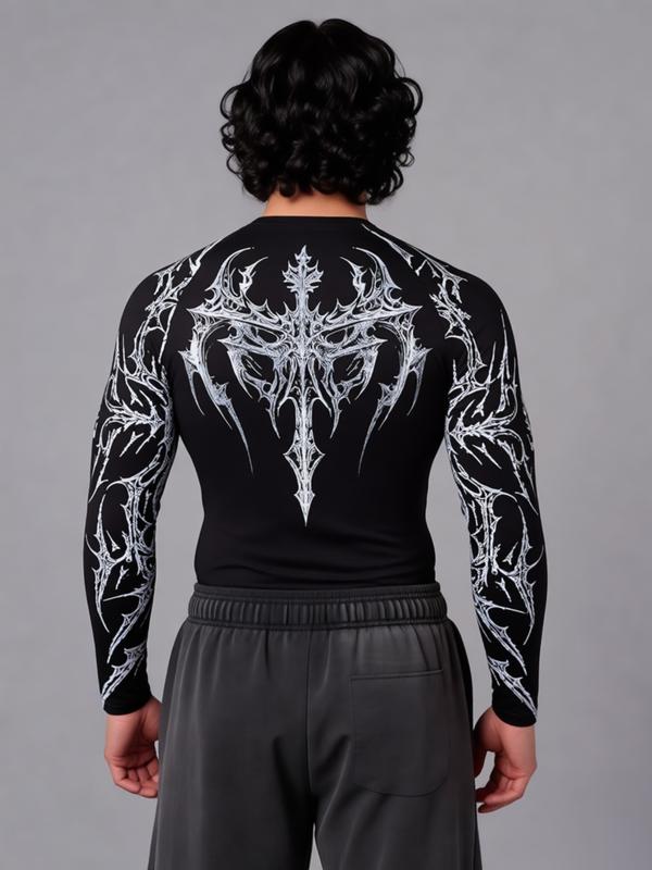 Men's Professional Sports Quick-Dry Fitness Shirt, Gothic Print Long Sleeve, High Elasticity, Round Neck, Moisture-Wicking, Running, Training, Daily Wear, Gym Workout Shirt