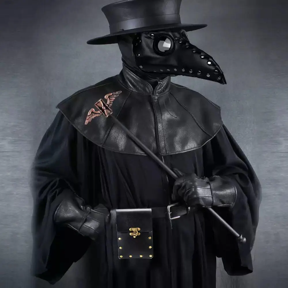 Men’s Plague Doctor Complete Cosplay Costume Set (Y3 Plague Doctor Original Cos Costume 8-Piece Menswear Clothes), Latex Raven Full-Face Scary Mask, SCP049 TikTok Trend Outfit for Halloween, Cos Convention