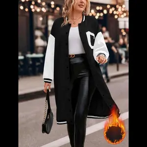 Plus Size Color Block Letter Print Button Front Open Shoulder Mid-Length Baseball Jacket, 2025 Winter Coat, Winter Women's Clothing, Casual Color Block Trim Long Sleeve Baseball Collar Jacket Daily Style, Women's Jacket Tops Womenswear Basic Fitted Grey