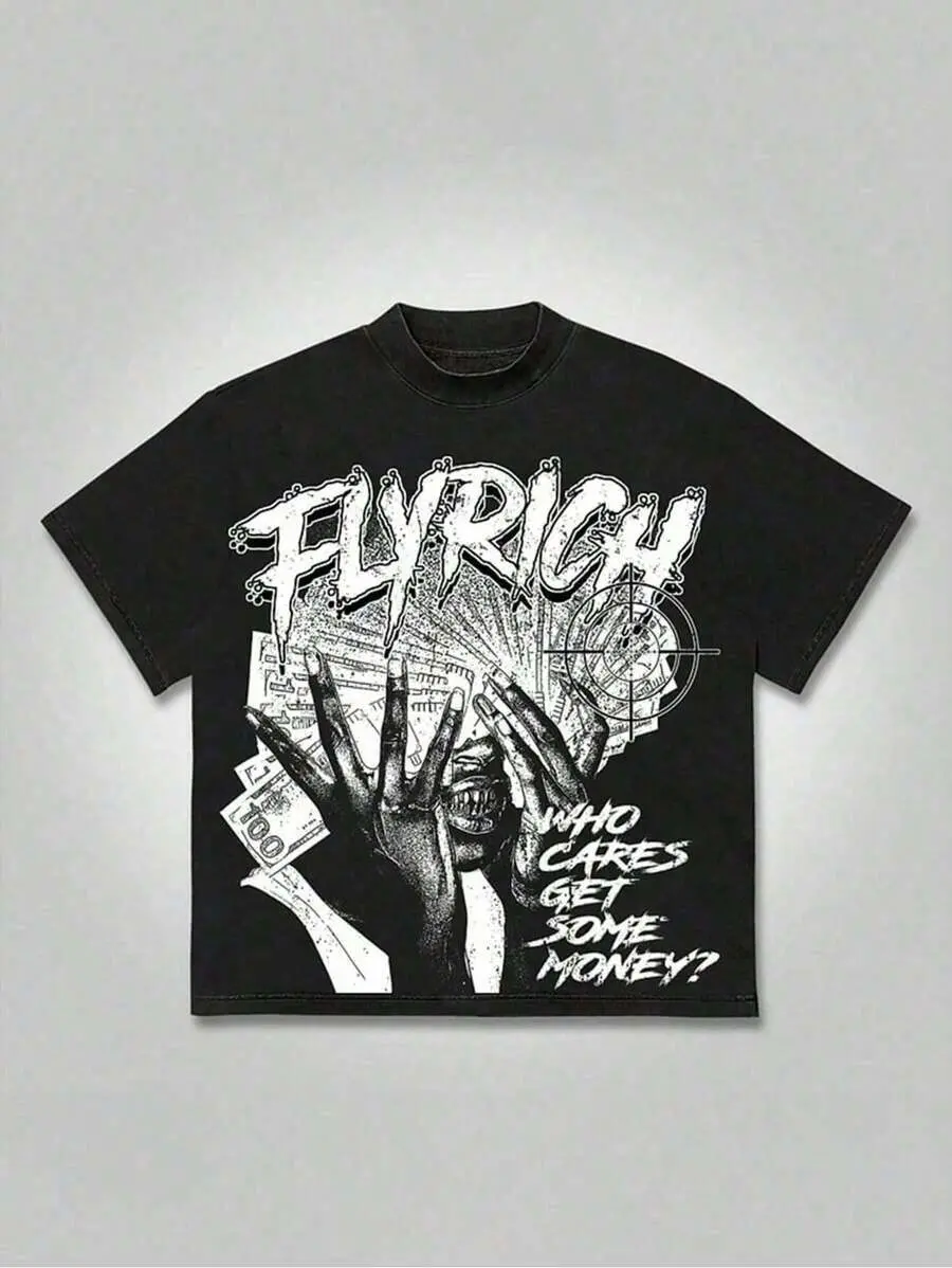 Flyrich - Money - Centric Street - Wear Tee,Casual Print,Comfortable And Versatile,Letter Pattern Pure Cotton Printed T-Shirt