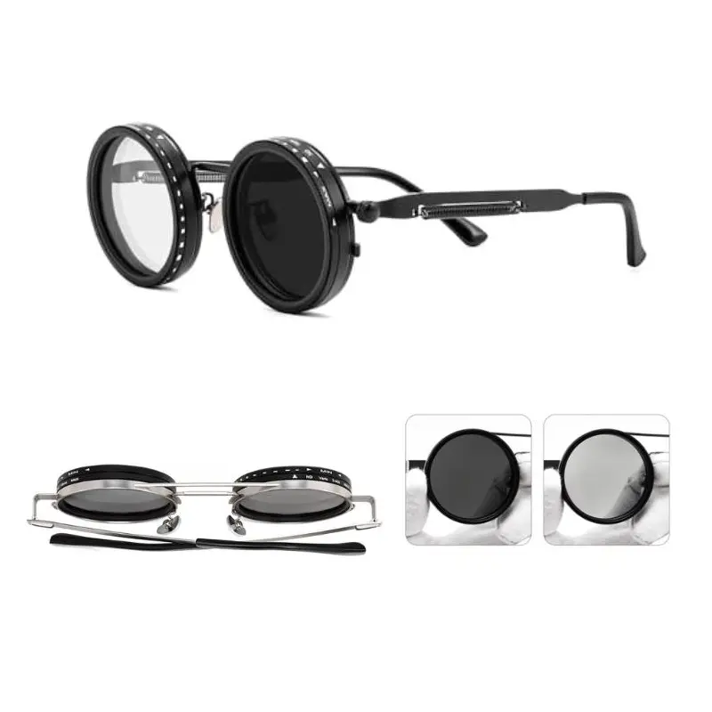 Adjustable Tint Sunglasses Polarized Men 1-9 Gear Manual Dimming Steampunk Round Metal Frame UV Protection for Outdoor Activities summerwins,summer outifit,travel essentials