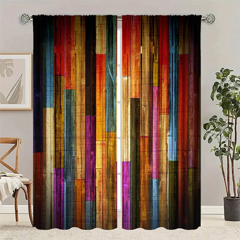 2 pieces of semi-transparent curtains with colorful patchwork striped print, with pole pocket for hanging, suitable for living room, bedroom and home decoration, hand washable, no hooks, Curtain for doorway, Home Decorative Curtain, Semi Sheer Curtain